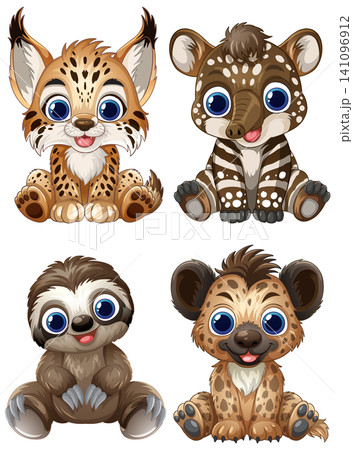 Set of Four Cute Cartoon Baby Wild Animals Sitting Down Set of Four Cute Cartoon Baby Wild Animals Sitting Down 141096912