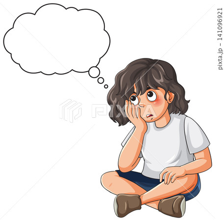 Thoughtful Young Girl Sitting Cross Legged with Empty Thought Bubble Thoughtful Young Girl Sitting Cross Legged with Empty Thought Bubble 141096921