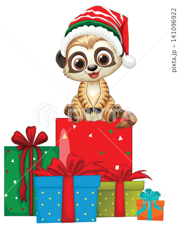 Cute Cartoon Meerkat Wearing Santa Hat Sitting on Christmas Gift Boxes Cute Cartoon Meerkat Wearing Santa Hat Sitting on Christmas Gift Boxes 141096922