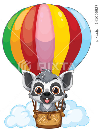 Cute Cartoon Lemur Flying in a Colorful Hot Air Balloon 141096927