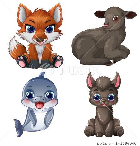 Cute Cartoon Baby Animal Set with Fox Lamb Dolphin and Alpaca Cute Cartoon Baby Animal Set with Fox Lamb Dolphin and Alpaca 141096946