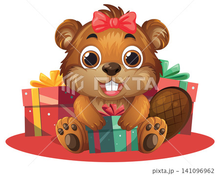 Cute Cartoon Beaver Character Sitting with Wrapped Holiday Gift Boxes Cute Cartoon Beaver Character Sitting with Wrapped Holiday Gift Boxes 141096962