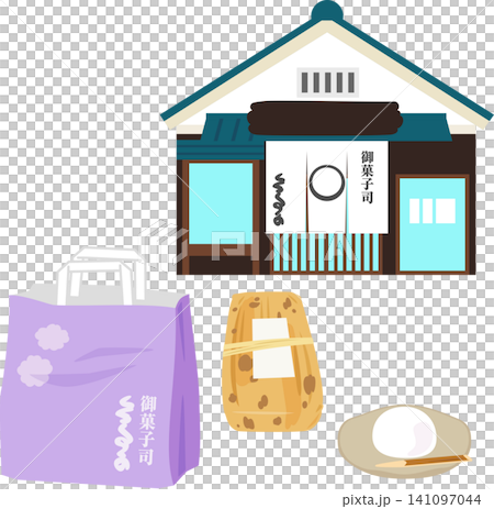 日式點心店的建築、紙本購物袋和產品包裝。 日式點心店的建築、紙本購物袋和產品包裝。 141097044