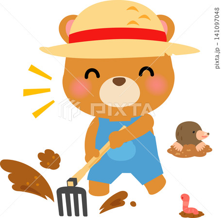 鍬で土を耕すクマのキャラクター 141097048