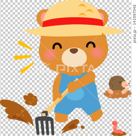 A bear character tilling the soil with a hoe A bear character tilling the soil with a hoe 141097048