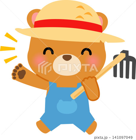 鍬を担ぐ麦わら帽子をかぶったクマのキャラクター 141097049