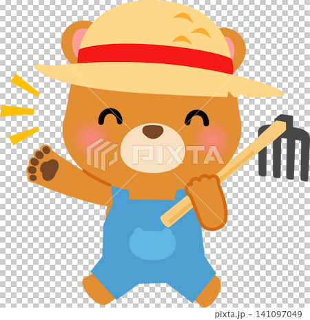 鍬を担ぐ麦わら帽子をかぶったクマのキャラクター 141097049