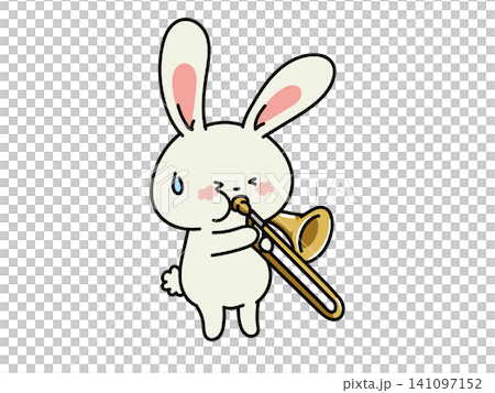 A rabbit playing the trombone with all its might. 141097152