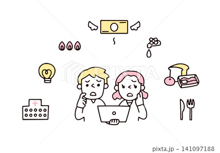 水道光熱費や食費など生活の出費に苦しむ若い夫婦のイラスト 141097188