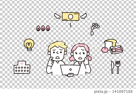 水道光熱費や食費など生活の出費に苦しむ若い夫婦のイラスト 141097188