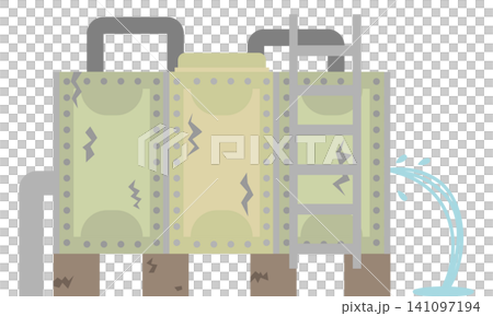 Image illustration of a broken and leaking water storage tank. Image illustration of a broken and leaking water storage tank. 141097194