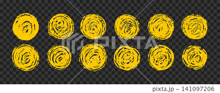 Brush sun rough. Yellow pencil drawn elements with crayon texture. Childish doodle set for scrapbooking or posters. Vector illustration on transparent background Brush sun rough. Yellow pencil drawn elements with crayon texture. Childish doodle set for scrapbooking or posters. Vector illustration on transparent background 141097206
