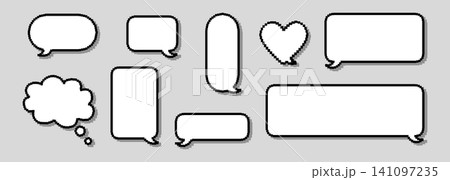 Pixel dialogue box. Comic design of dialogue box. Pixelated cloud with line art icon for note card. Set of message cloud minimal with shadow for text balloon Pixel dialogue box. Comic design of dialogue box. Pixelated cloud with line art icon for note card. Set of message cloud minimal with shadow for text balloon 141097235