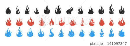 Crayon flame or burning fire. Various chalk stickers. Vector collection 141097247