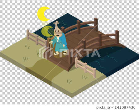一幅等距視角的日本妖怪畫。琵琶木木在月光皎潔的夜晚過橋。 一幅等距視角的日本妖怪畫。琵琶木木在月光皎潔的夜晚過橋。 141097430
