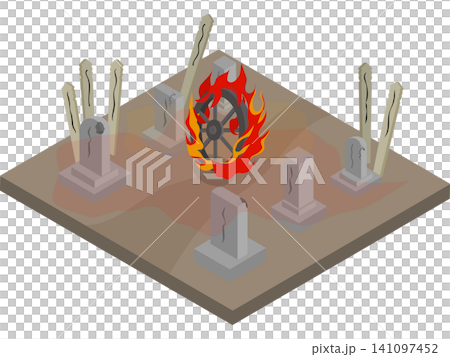 Isometric Japanese yokai. A fiery chariot with burning wheels and a graveyard. Isometric Japanese yokai. A fiery chariot with burning wheels and a graveyard. 141097452