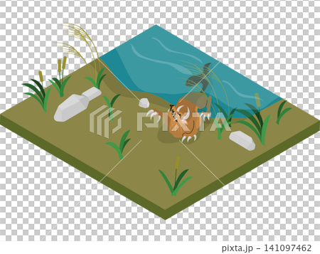 An isometric depiction of a Japanese yokai (supernatural creature). A Ushi-oni (ox-demon) crawling out of the water. An isometric depiction of a Japanese yokai (supernatural creature). A Ushi-oni (ox-demon) crawling out of the water. 141097462