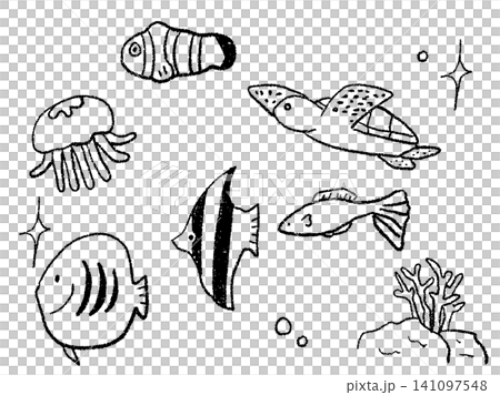 手繪單色插圖,描繪了游泳的海洋生物。 手繪單色插圖,描繪了游泳的海洋生物。 141097548