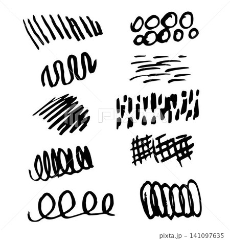 Hand-drawn simple vector set. Sketch, doodle, curls, zigzag, strokes, stripes for creating patterns, design. Black outline on a white background. 141097635