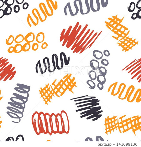 Hand-drawn abstract vector seamless pattern. Colored bright orange, gray doodles on a white background. For prints of fabric, textile products, packaging. Hand-drawn abstract vector seamless pattern. Colored bright orange, gray doodles on a white background. For prints of fabric, textile products, packaging. 141098130