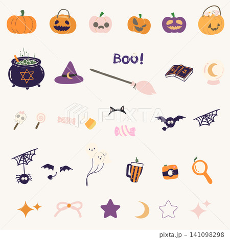 Cute Spooky Halloween Clipart Elements with Adorable Pumpkin, Ghost, Witch and Magical Item 141098298