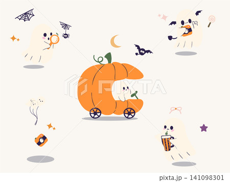 Cute Ghost Adventure Halloween Clipart Set with Pumpkin Carriage, Camera and Spooky Elements Cute Ghost Adventure Halloween Clipart Set with Pumpkin Carriage, Camera and Spooky Elements 141098301