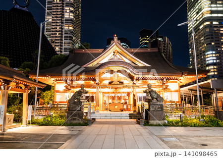 Night view of the Nishikubo Hachima Jinja building, a Shinto shrine in Toranomon, Minato, Tokyo, Japan. Night view of the Nishikubo Hachima Jinja building, a Shinto shrine in Toranomon, Minato, Tokyo, Japan. 141098465