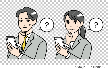 A set of illustrations of a young man and woman in suits looking at their smartphones with a questioning expression. (Horizontal) A set of illustrations of a young man and woman in suits looking at their smartphones with a questioning expression. (Horizontal) 141098557