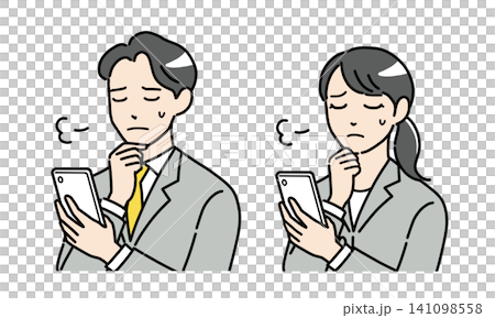 A set of illustrations of a young man and woman in suits sighing while looking at their smartphones (horizontal view) A set of illustrations of a young man and woman in suits sighing while looking at their smartphones (horizontal view) 141098558