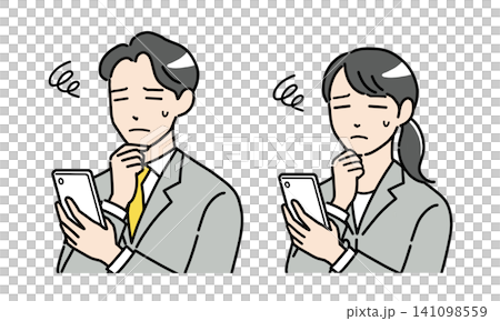 一組插圖,描繪了身著西裝的年輕男女一邊使用智慧型手機一邊神情憂慮。 一組插圖,描繪了身著西裝的年輕男女一邊使用智慧型手機一邊神情憂慮。 141098559