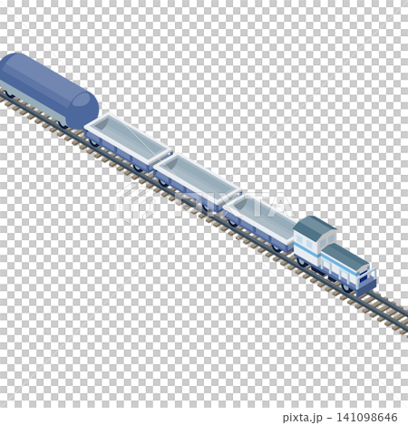 貨運列車的等距視圖。物流、鐵路運輸和貨運材料。 貨運列車的等距視圖。物流、鐵路運輸和貨運材料。 141098646