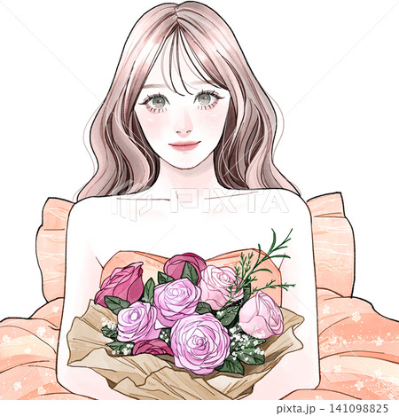 ドレスを着て花束を持っている女性_ロング ドレスを着て花束を持っている女性_ロング 141098825