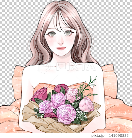 ドレスを着て花束を持っている女性_ロング ドレスを着て花束を持っている女性_ロング 141098825
