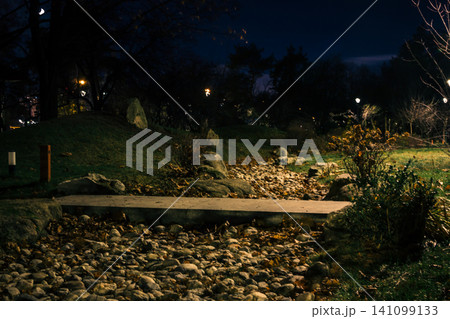 Bridge over the stone river. Decoration in the park. Benches in the park during the autumn season at night. Illumination of a park road with lanterns at night. 141099133