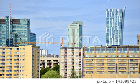 The center of city with skyscrapers. Downtown business district of city with modern office buildings. 141099423