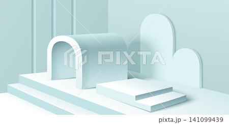 Geometric 3D platform with minimalist staircase Geometric 3D platform with minimalist staircase 141099439