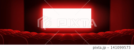 Cinema hall with red velvet seats, white screen 141099573