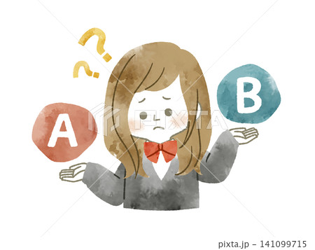 比較をしている困った表情の女子学生-水彩 比較をしている困った表情の女子学生-水彩 141099715