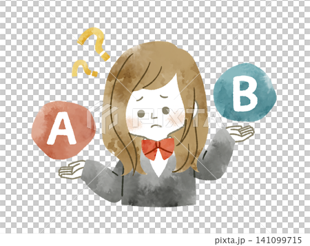比較をしている困った表情の女子学生-水彩 比較をしている困った表情の女子学生-水彩 141099715