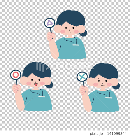 圖解:一名女子手持真/假指示牌(醫療和福利) 圖解:一名女子手持真/假指示牌(醫療和福利) 141099844