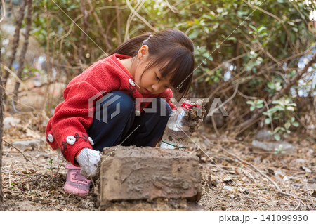 Asian little girl crouched down exploring nature and playing with soil in field 141099930