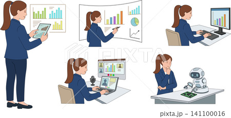 Business woman character poses working with charts presentation and robot set Business woman character poses working with charts presentation and robot set 141100016