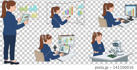 Business woman character poses working with charts presentation and robot set Business woman character poses working with charts presentation and robot set 141100016