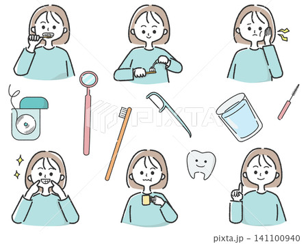 女性が歯のケアをする様々な動作を描いたイラストセット 女性が歯のケアをする様々な動作を描いたイラストセット 141100940