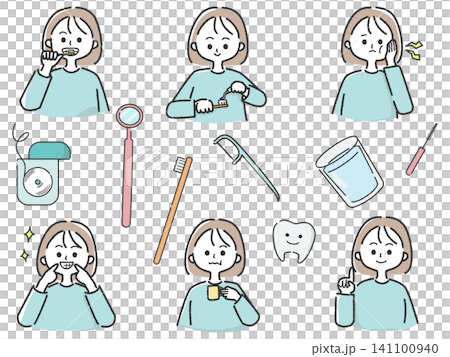 一組插圖,描繪了女性在護理牙齒時採取的各種動作。 一組插圖,描繪了女性在護理牙齒時採取的各種動作。 141100940