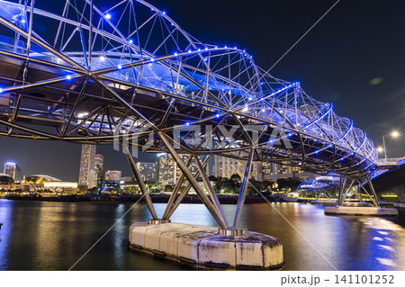 Night view of The Helix Bridge, Singapore, it's a pedestrian bridge linking the Marina Centre with Marina South. Night view of The Helix Bridge, Singapore, it's a pedestrian bridge linking the Marina Centre with Marina South. 141101252