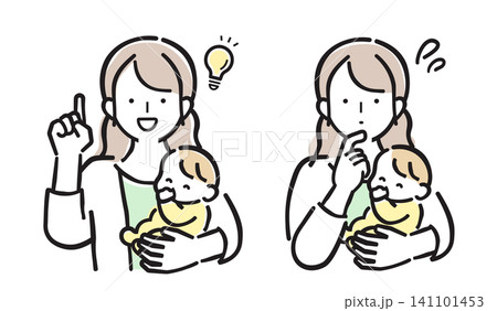 赤ちゃんを抱っこする女性の喜びと悩みセット パステルカラーイラスト 赤ちゃんを抱っこする女性の喜びと悩みセット パステルカラーイラスト 141101453