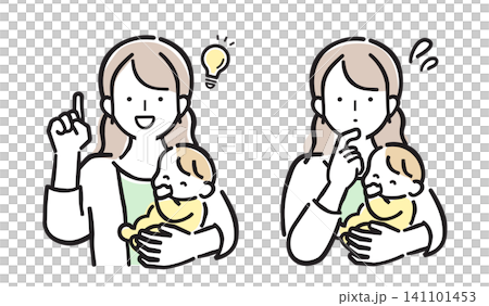一組以柔和色調描繪一位抱著嬰兒的女性的喜悅與憂慮的插圖。 一組以柔和色調描繪一位抱著嬰兒的女性的喜悅與憂慮的插圖。 141101453