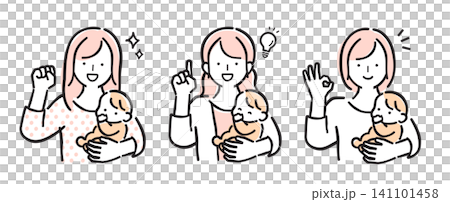 一組插圖，描繪了一位抱著嬰兒、表情喜悅的女性，線條簡潔，色彩樸素。 141101458