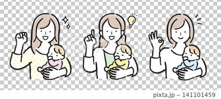 一組簡單的線條藝術插圖,描繪了一位抱著嬰兒、表情喜悅的女性,色彩柔和。 一組簡單的線條藝術插圖,描繪了一位抱著嬰兒、表情喜悅的女性,色彩柔和。 141101459